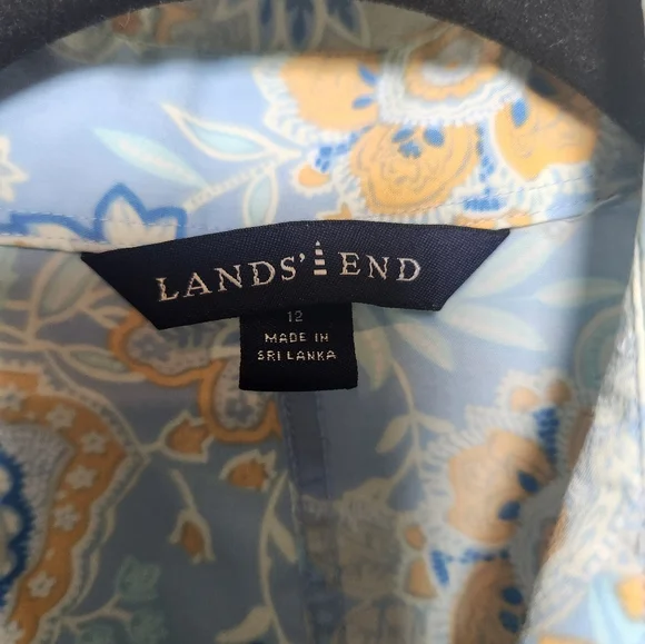 Land's End Women's 3/4 Sleeve Blue Floral Paisley Button‎ Down Shirt Size 12 - Picture 2 of 8